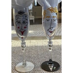 Smithereens Hand Painted by "Vikki" Bride And Groom Champagne Glasses 2000